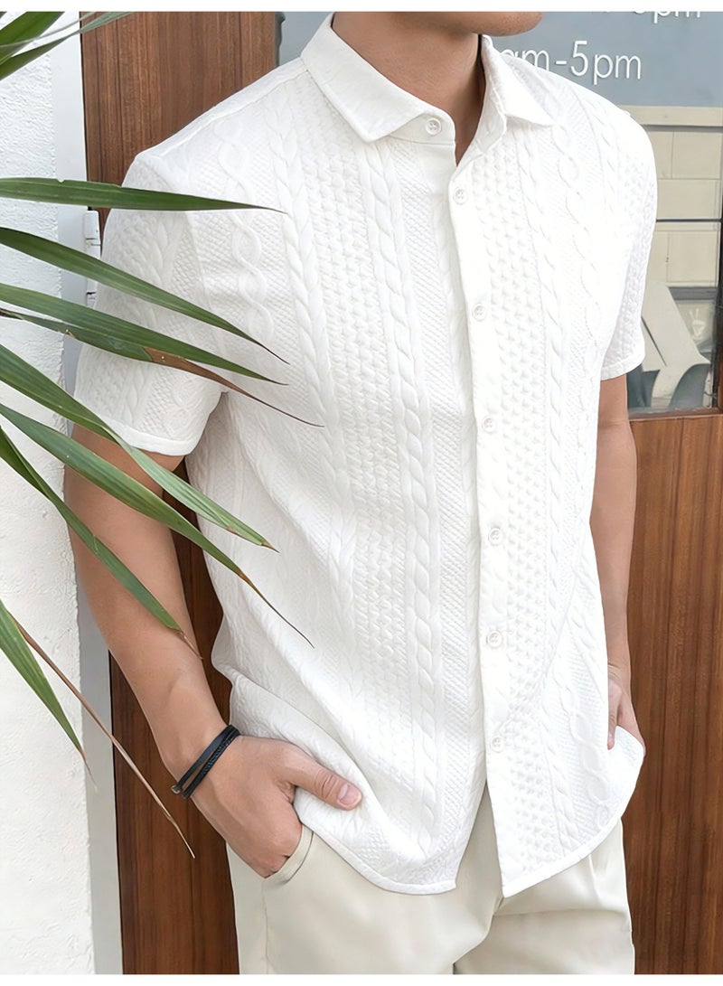 قميص رجالي أبيض منقوش بأكمام قصيرة وأزرار، قميص صيفي كاجوال - Image 1