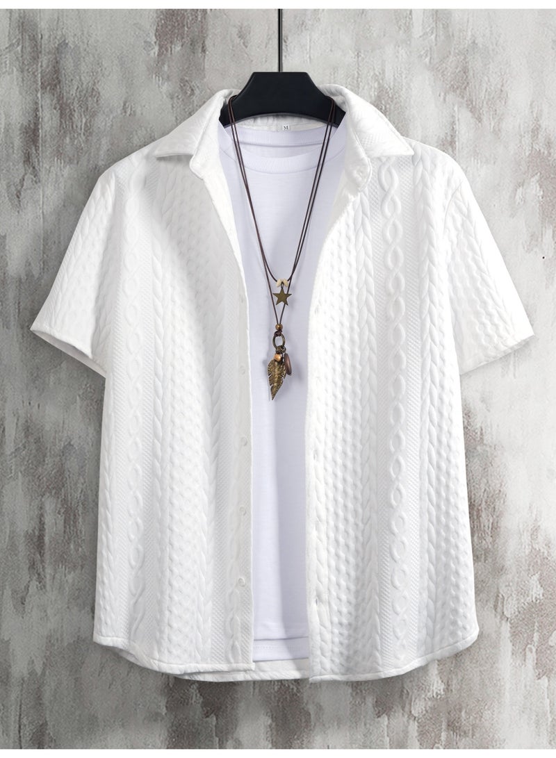 قميص رجالي أبيض منقوش بأكمام قصيرة وأزرار، قميص صيفي كاجوال - Image 5
