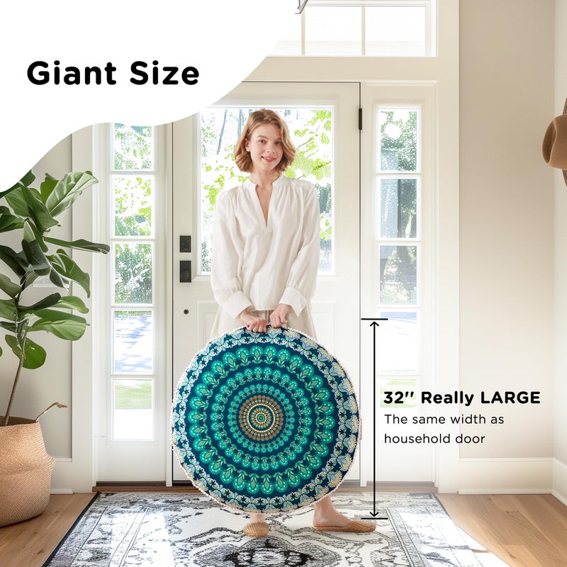 Codi Meditation Floor Pillow Set of 2, Round Large Pillows Seating for Adults, Bohemian Mandala Circle Cushions for Outdoor Fireplace Yoga Living Room, 32 Inch, Memory Foam Added, Green - Image 4