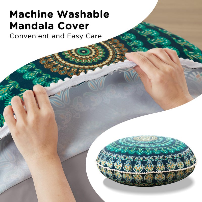 Codi Meditation Floor Pillow Set of 2, Round Large Pillows Seating for Adults, Bohemian Mandala Circle Cushions for Outdoor Fireplace Yoga Living Room, 32 Inch, Memory Foam Added, Green - Image 2