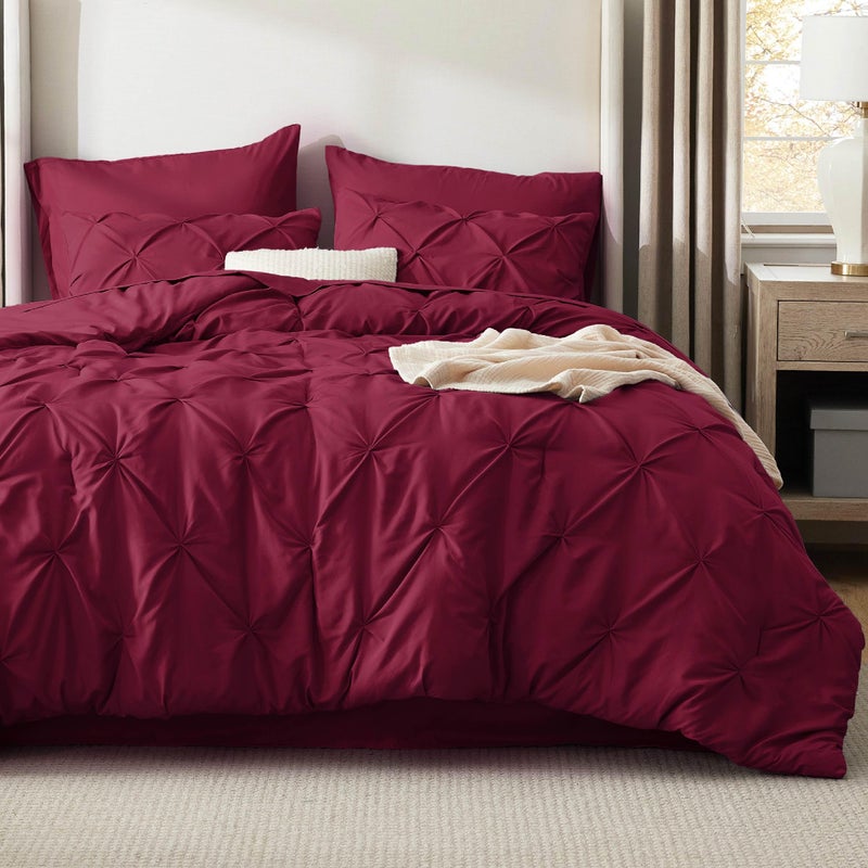 Bedsure Bedsure Twin Comforter Set Dark Red  Bed in a Bag Twin Size 5 Pieces GentleSoft Pintuck Bed Set Gift for Family Pinch Pleat Dark Red Comforter with Sheets Pillowcase  Sham 