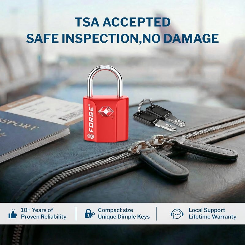 فورج أحمر، عبوة من 2 قطعة، أقفال الأمتعة الم��تمدة من TSA، أقفال سفر فائقة الأمان بنظام المفتاح ذو النقرة العميقة مع هيكل من سبيكة الزنك - Image 2