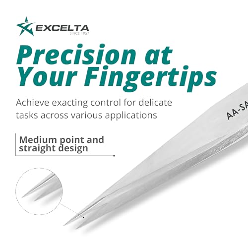 Excelta AA-SA-SE Straight Medium Pointed Tweezers, Anti-Magnetic Stainless Steel, ESD-Safe, Conductive, Precision Tweezers for Electronics, Jewelry, Watchmaking, Medical, and Laboratory Use, 5” OAL - Image 2