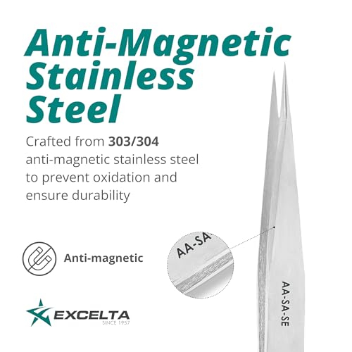 Excelta AA-SA-SE Straight Medium Pointed Tweezers, Anti-Magnetic Stainless Steel, ESD-Safe, Conductive, Precision Tweezers for Electronics, Jewelry, Watchmaking, Medical, and Laboratory Use, 5” OAL - Image 3