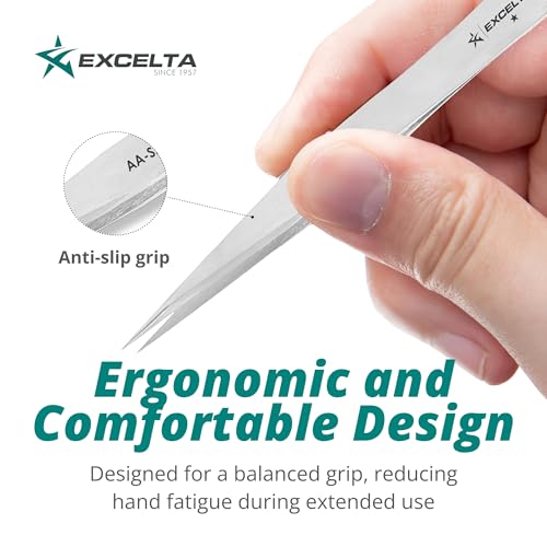 Excelta AA-SA-SE Straight Medium Pointed Tweezers, Anti-Magnetic Stainless Steel, ESD-Safe, Conductive, Precision Tweezers for Electronics, Jewelry, Watchmaking, Medical, and Laboratory Use, 5” OAL - Image 4
