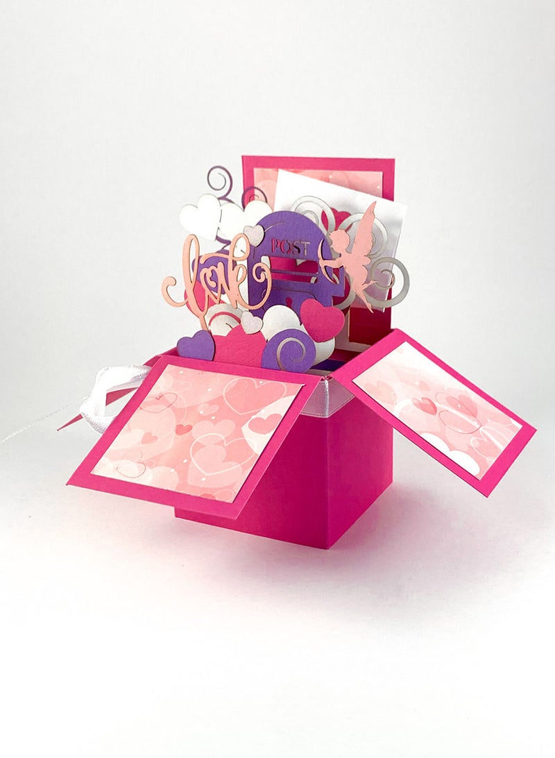 Pink box-shaped greeting card with "love u" message and hearts