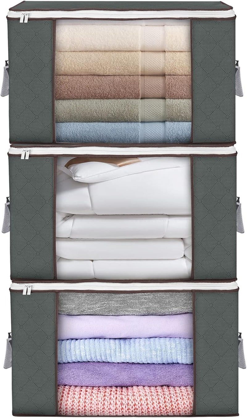 Large Storage Bags 3 Pack Clothes Storage Bins Foldable Closet Organizers Storage Containers with Durable Handles Thick Fabric for Blanket Comforter Clothing Bedding 90 L Gray