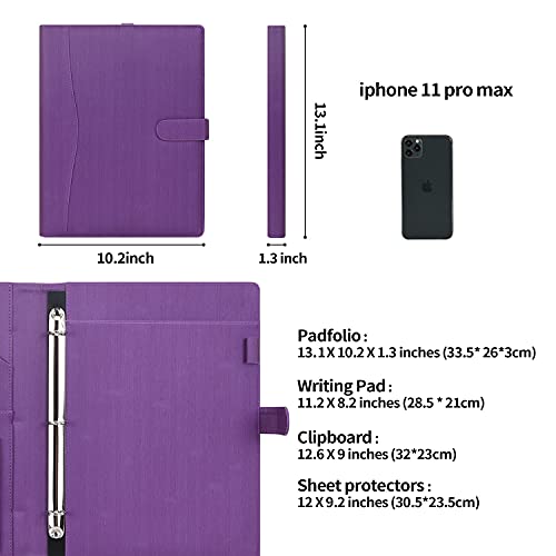 Wonderpool A4 PU Leather Portfolio Holder Ring File Document Case with Removable Binder Clipboard, Multi Pocket and Legal Pad for Business Organizer Interview and Meeting (Purple) - Image 3