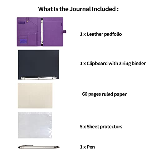 Wonderpool A4 PU Leather Portfolio Holder Ring File Document Case with Removable Binder Clipboard, Multi Pocket and Legal Pad for Business Organizer Interview and Meeting (Purple) - Image 5