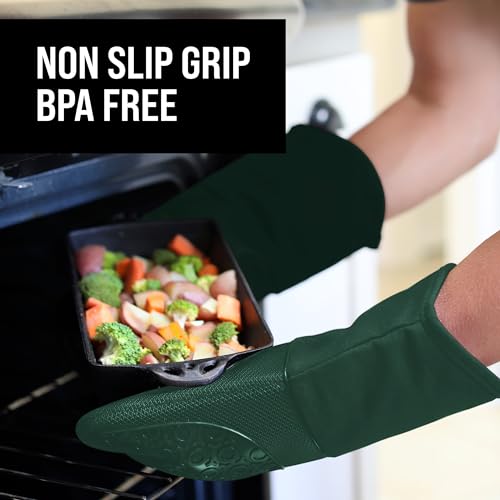 HOMWE BPA-Free Silicone Oven Mitts Ultra Heat Resistant up to 500°F - Oven Mitts with Thick Cotton Liner - Long Slip Resistant Pot Holders, Flexible Oven Gloves - Green 13.7 - Image 5