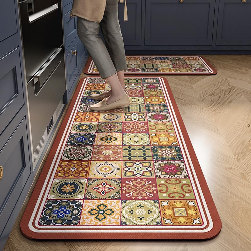 Xlot Kitchen Mats for Floor 2Pcs, Washable Anti Fatigue Mat for Cushioned, 15.7"x23.6"+15.7"x47.2", Waterproof Kitchen Rugs, Non Slip Comfort Standing Mat Rug for Home, Sink, Laundry (Yor flower tiles) - Image 5