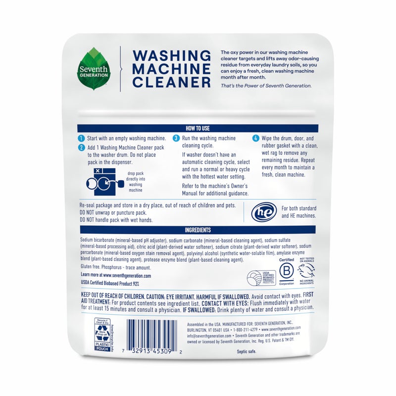 Seventh Generation Washing Machine Cleaner 6 Count Free & Clear Targets Odor-Causing Residue Powered by Oxy Power 4.2 oz - Image 2