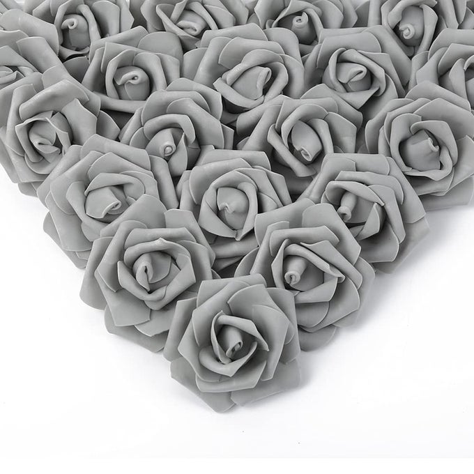 Artificial Rose Flower Heads 100 Pcs Real Looking Silver Gray Foam Fake Roses for DIY Wedding Baby Shower Centerpieces Arrangements Party Tables Home Decorations Silver Gray Stemless