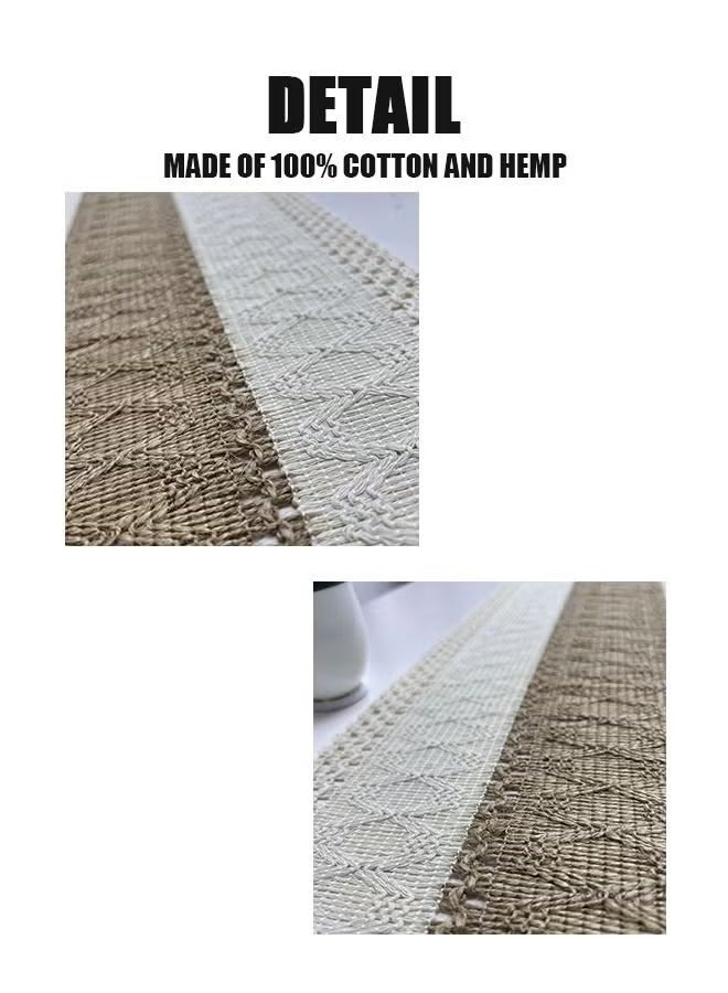 Natural Cotton Linen Table Cloth With Tassel, Long Table flag, Two-Color Patchwork Table Cloth, Bohemian Style Beige Table Flag 12*70 Inches for Table Decoration - Image 2