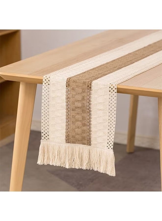 Natural Cotton Linen Table Cloth With Tassel, Long Table flag, Two-Color Patchwork Table Cloth, Bohemian Style Beige Table Flag 12*70 Inches for Table Decoration - Image 1