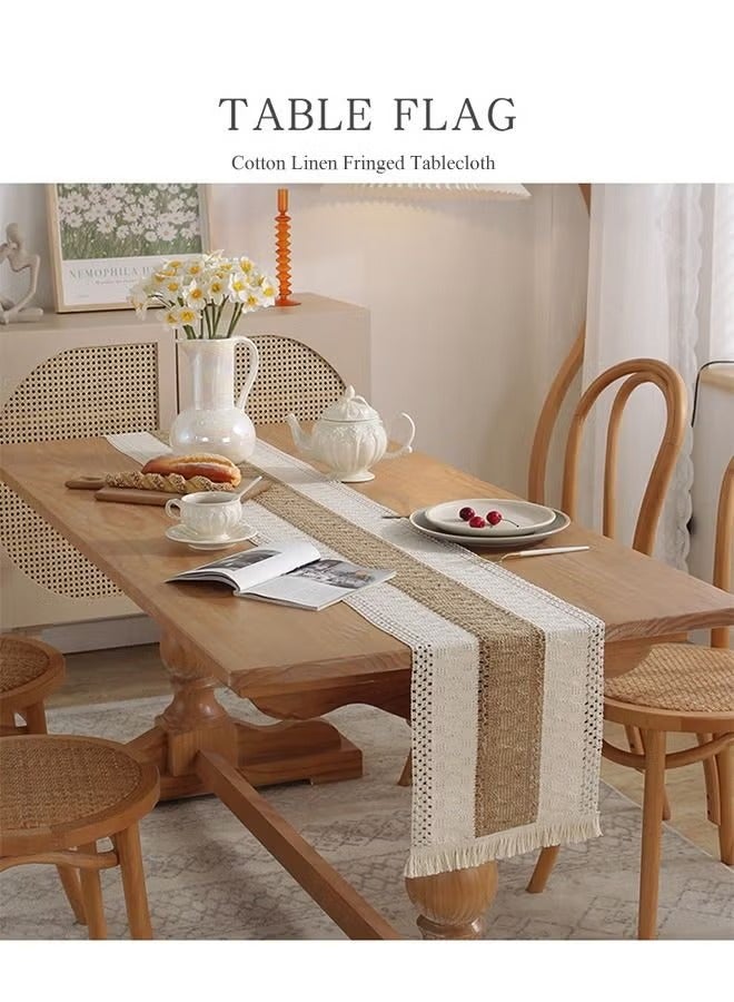 Natural Cotton Linen Table Cloth With Tassel, Long Table flag, Two-Color Patchwork Table Cloth, Bohemian Style Beige Table Flag 12*70 Inches for Table Decoration - Image 3