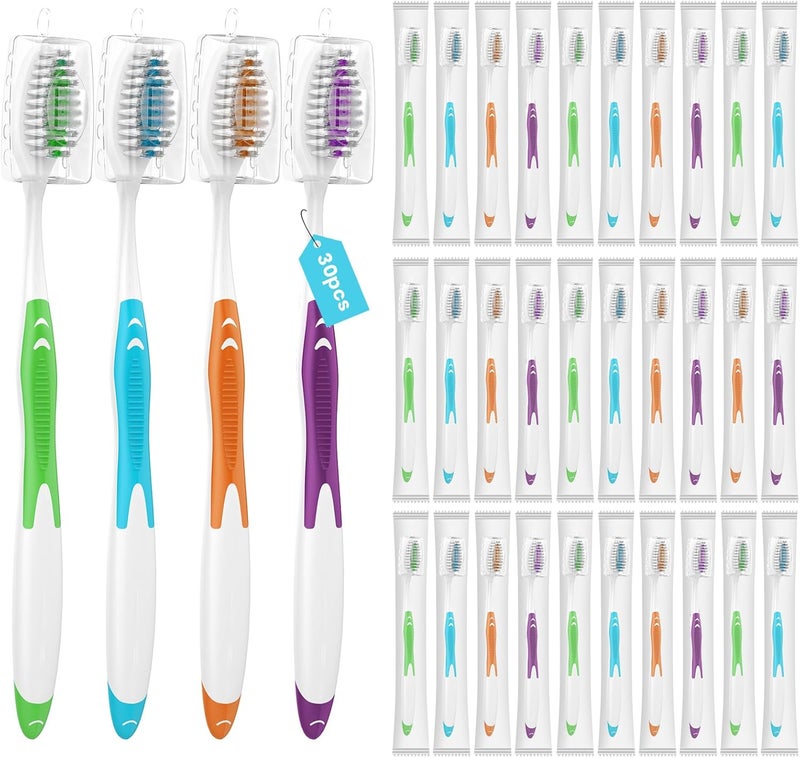 Frekare 30 Pack Bulk Toothbrushes with Covers, Individually Wrapped Tooth Brush Pack for Adults & Kids, Disposable Toothbrush Medium Soft for Travel, Donations, Hotels - Image 1