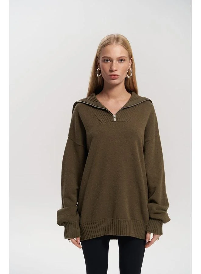 MAI STUDIOS CO. Lorna Zippered Khaki Trico Sweater.