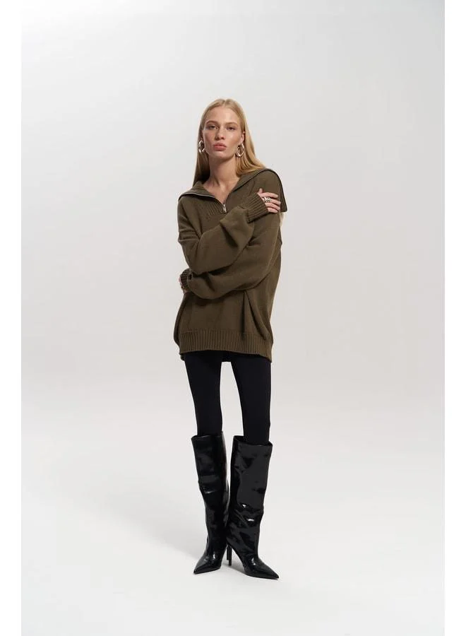 MAI STUDIOS CO. Lorna Zippered Khaki Trico Sweater.