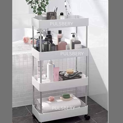 PULSBERY Multipurpose Storage Organizer Slim Rack Shelf with Wheels for Living Room, Office, Bedroom, Bathroom, Kids Room, Kitchen Trolley (White, 4 Layer) Plastic - Image 1