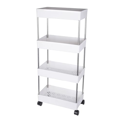 PULSBERY Multipurpose Storage Organizer Slim Rack Shelf with Wheels for Living Room, Office, Bedroom, Bathroom, Kids Room, Kitchen Trolley (White, 4 Layer) Plastic - Image 2