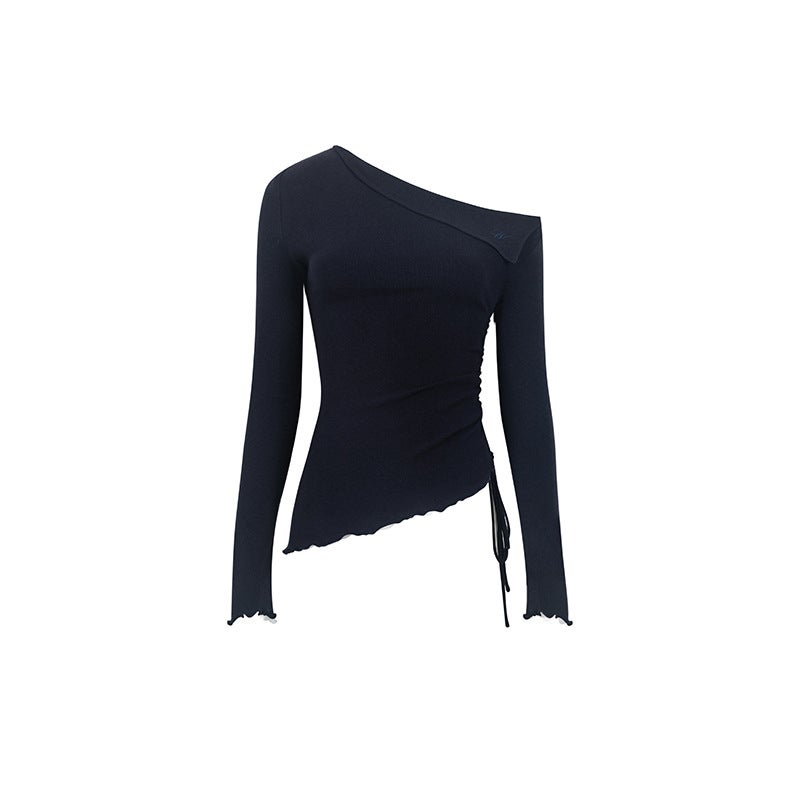 French Temperament Red Slant Shoulder Long-Sleeved T-Shirt Women'S Early Autumn A And Sough Top Thin Design Sense Drawstring T-Shirt - Image 1