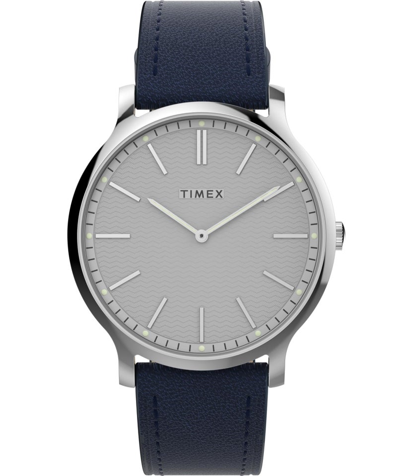 TIMEX ساعة تيمكس للرجال 40 مم - حزام أزرق قرص أبيض علبة بلون فضي - Image 1