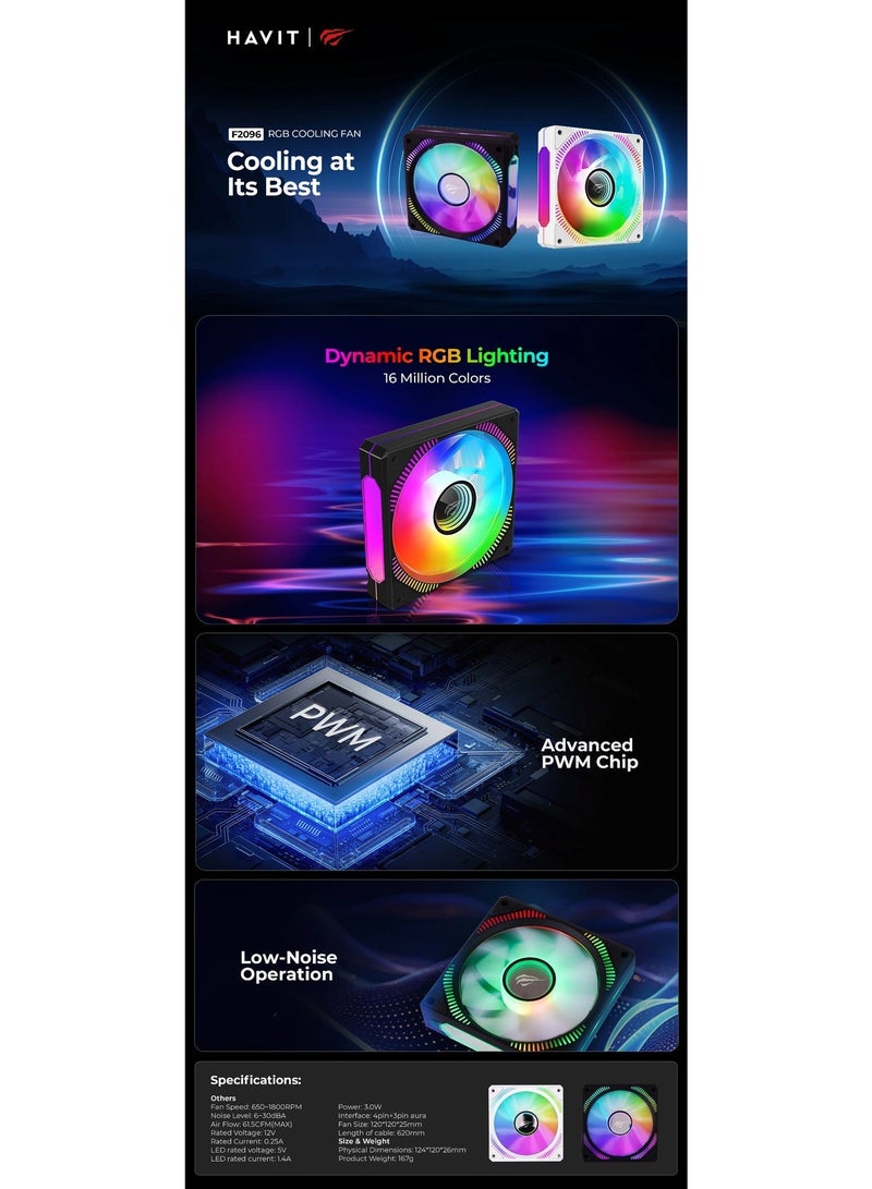 هافيت Havit Gamenote F2096 120mm RGB Case Fan, 1800RPM High Airflow Cooling, Vibrant Multi-Color RGB Lighting, Quiet Operation for Gaming PC Builds and Workstations – Black - Image 5