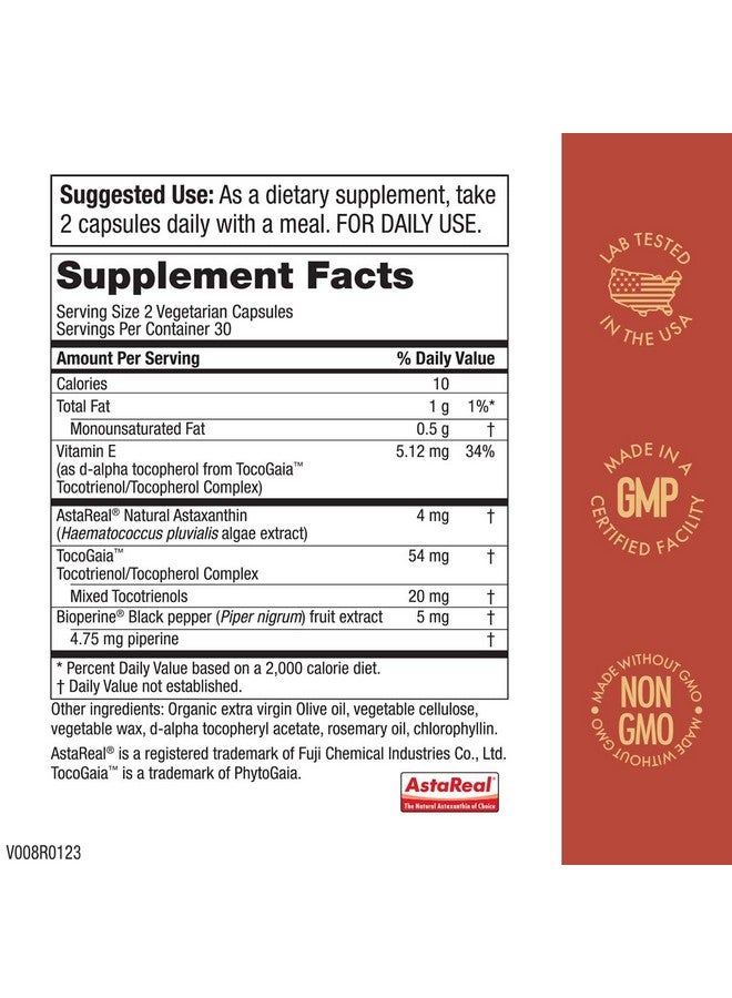 Purity Products Astafx Astaxanthin Antioxidant Super Formula From Clinically Tested 4 Mg Astareal With Full Spectrum Tocotrienols (Vitamin E) + Bioperine Black Pepper + Piperine 60 Vegetarian Caps - Image 3