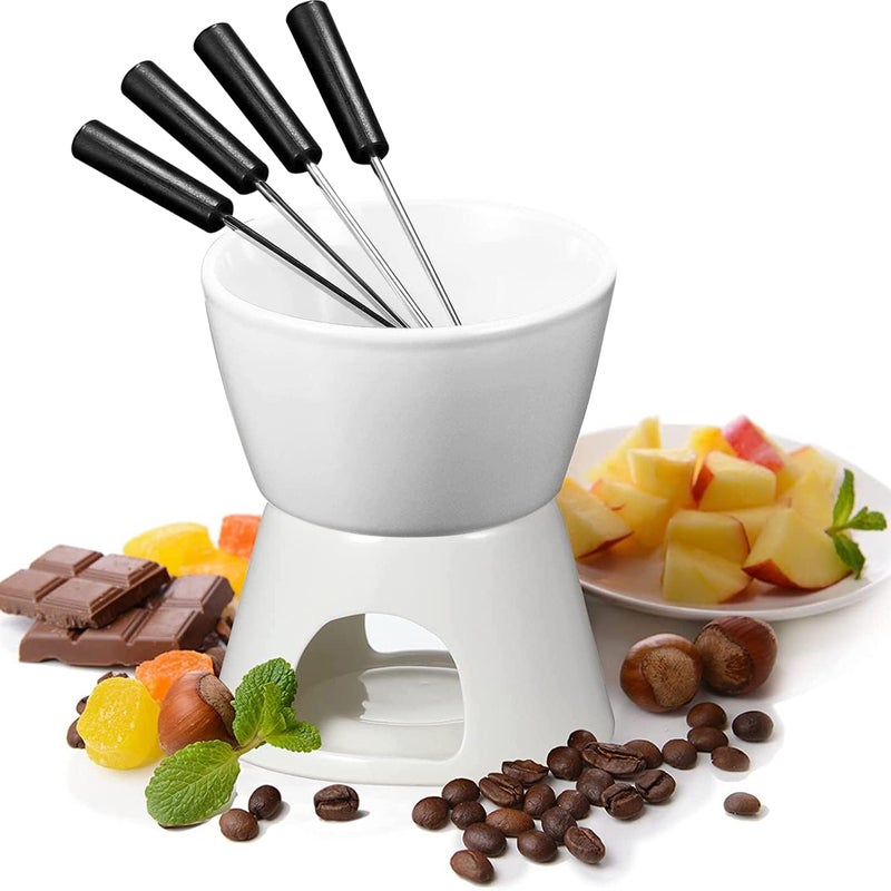 Fondue Set with 4 Forks, Premium Tea Light Porcelain Melting Pot for Cheese, Chocolate and Tapas - Image 1