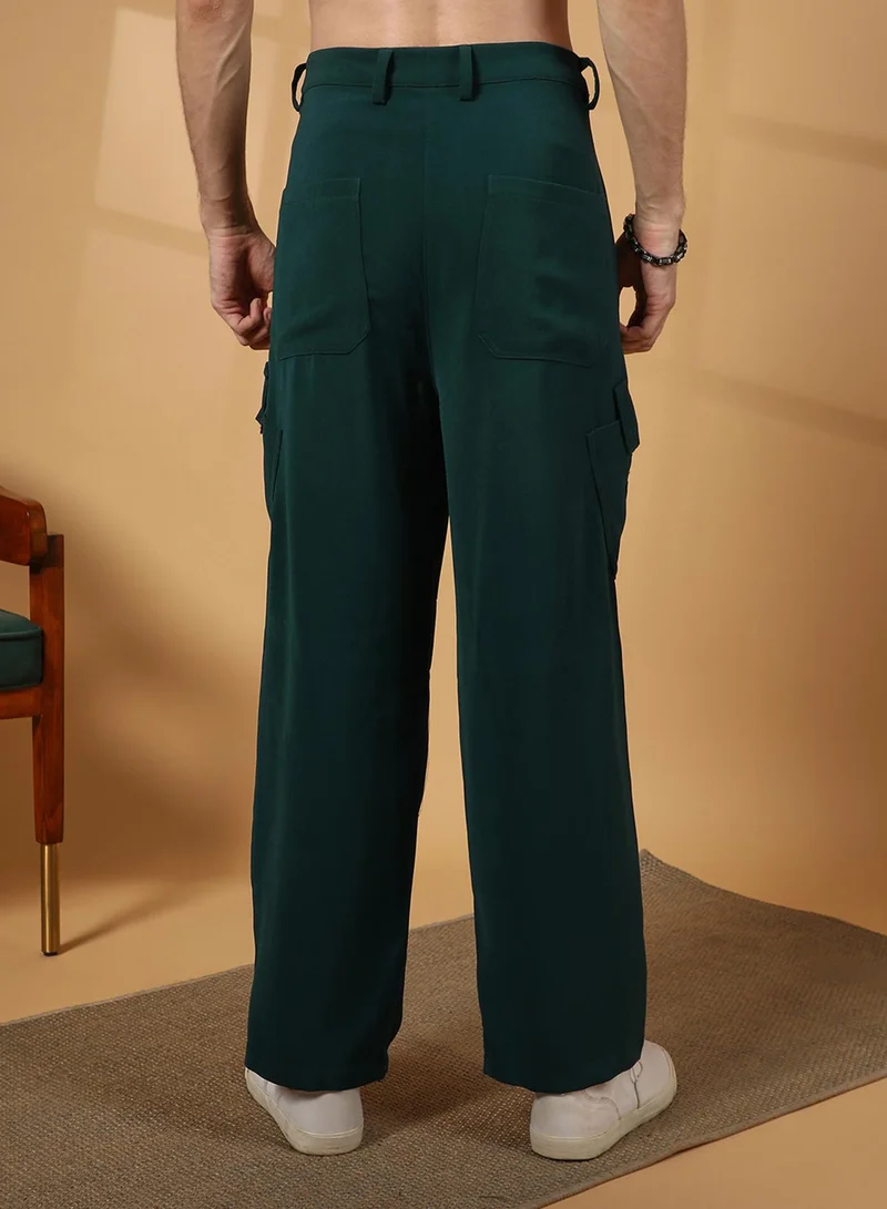 Campus Sutra Men's Emerald Green Asymmetrical Parachute Trousers