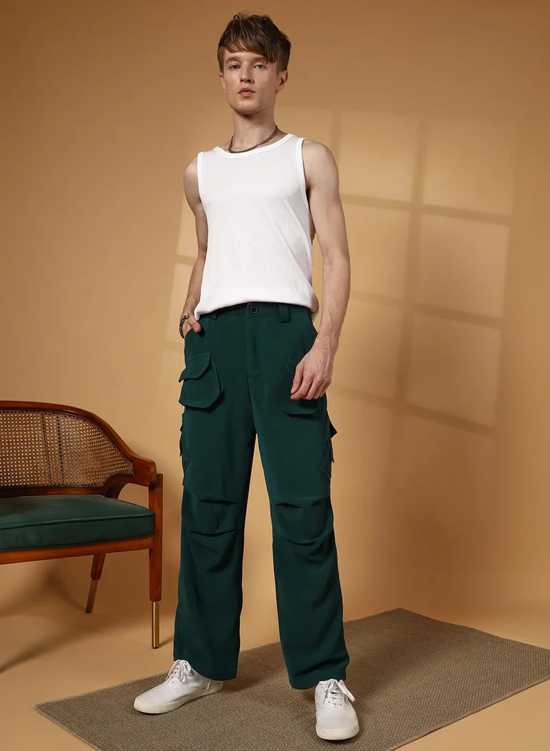 Campus Sutra Men's Emerald Green Asymmetrical Parachute Trousers