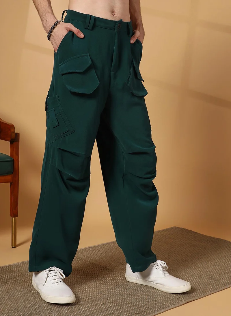Campus Sutra Men's Emerald Green Asymmetrical Parachute Trousers