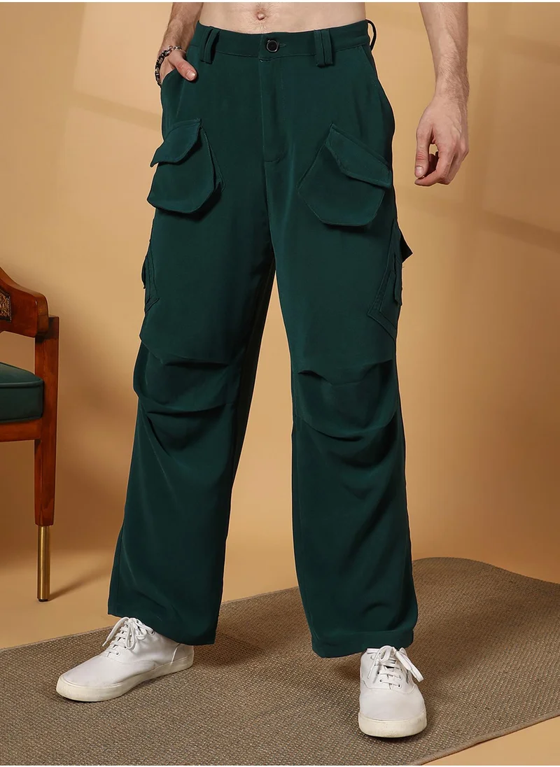 Campus Sutra Men's Emerald Green Asymmetrical Parachute Trousers