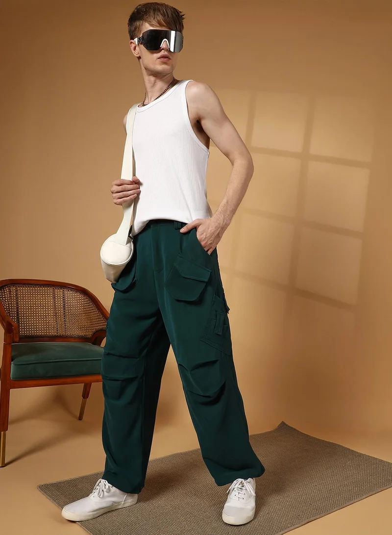 Campus Sutra Men's Emerald Green Asymmetrical Parachute Trousers