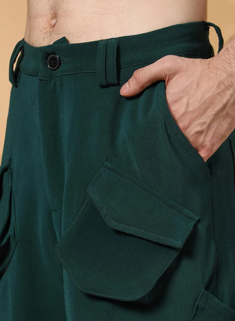 Campus Sutra Men's Emerald Green Asymmetrical Parachute Trousers