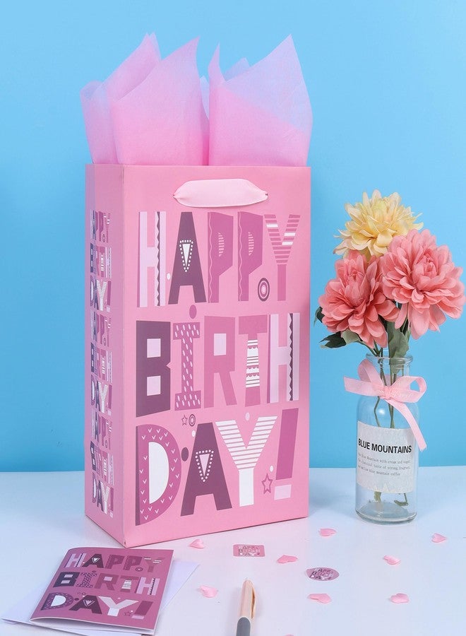 wishinside 2-Pack 10.6'' Medium Pink Birthday Gift Bag Set with Greeting Cards and Tissue Papers for Women Girls Kids Teens, Cartoon Design, 2 Pcs - Image 5