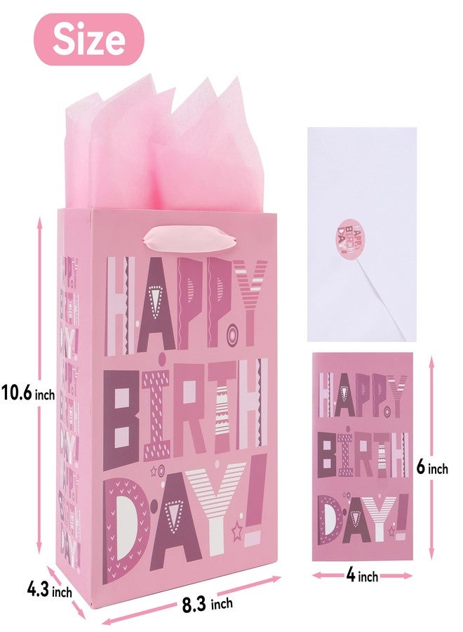 wishinside 2-Pack 10.6'' Medium Pink Birthday Gift Bag Set with Greeting Cards and Tissue Papers for Women Girls Kids Teens, Cartoon Design, 2 Pcs - Image 2