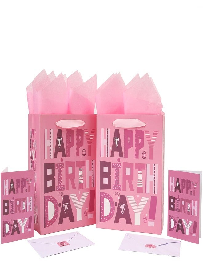 wishinside 2-Pack 10.6'' Medium Pink Birthday Gift Bag Set with Greeting Cards and Tissue Papers for Women Girls Kids Teens, Cartoon Design, 2 Pcs - Image 1