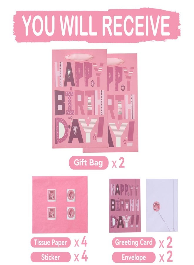 wishinside 2-Pack 10.6'' Medium Pink Birthday Gift Bag Set with Greeting Cards and Tissue Papers for Women Girls Kids Teens, Cartoon Design, 2 Pcs - Image 3