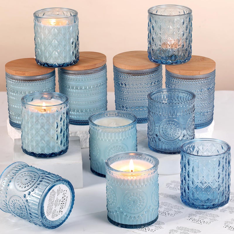 DARJEN 12 Pack Blue Candle Jars for Making Candles- 3 Styles Glass Candle Making Jars Bulk with Bamboo Lids and Labels, Candle Making Supplies Candle Vessels for DIY Gifts - Image 1