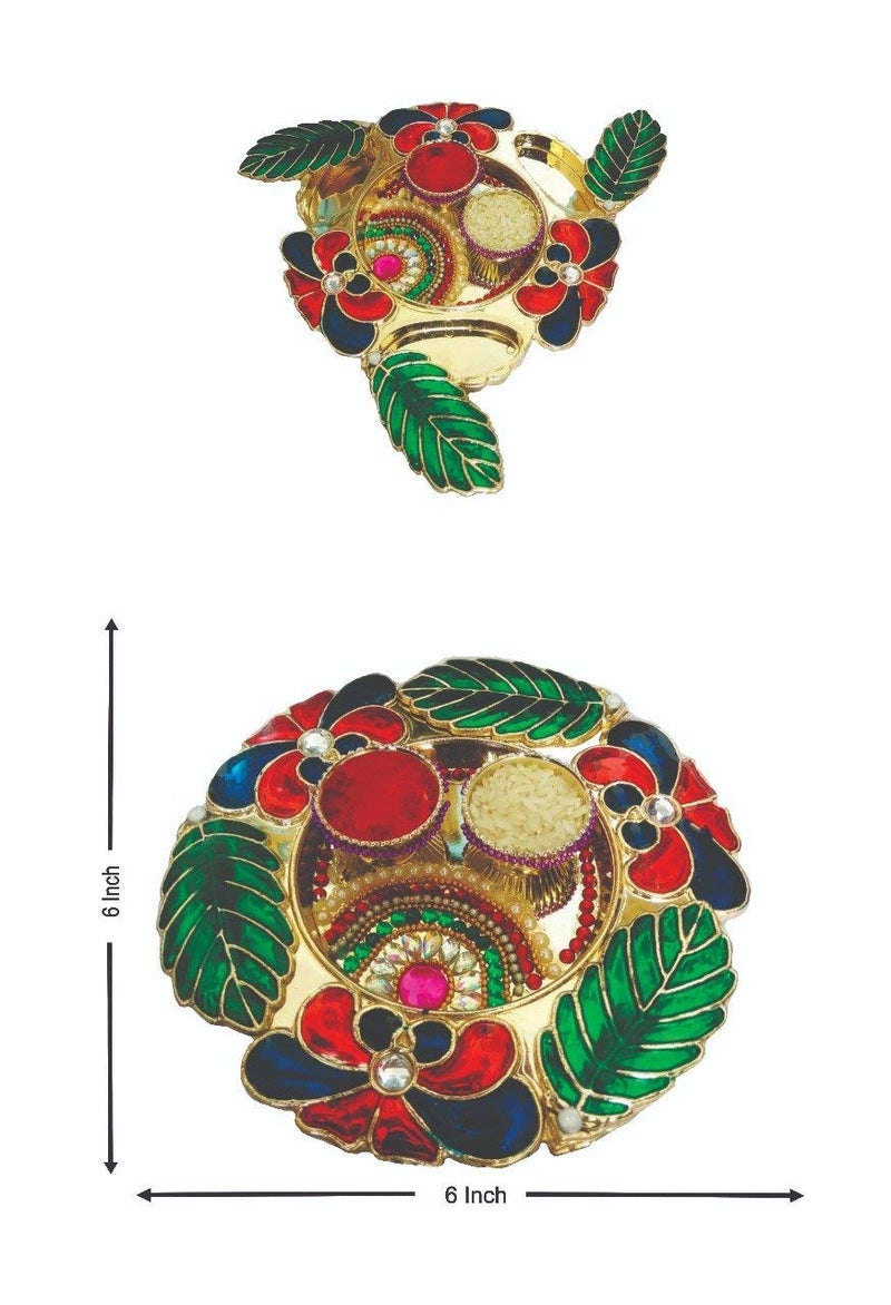 Priyanshi Hand Work & Meena Work Pooja & Tilak Thali Size 6x6 Inches Golden Plated - Image 3