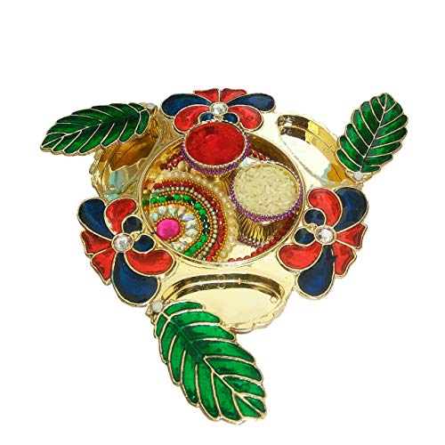 Priyanshi Hand Work & Meena Work Pooja & Tilak Thali Size 6x6 Inches Golden Plated - Image 2