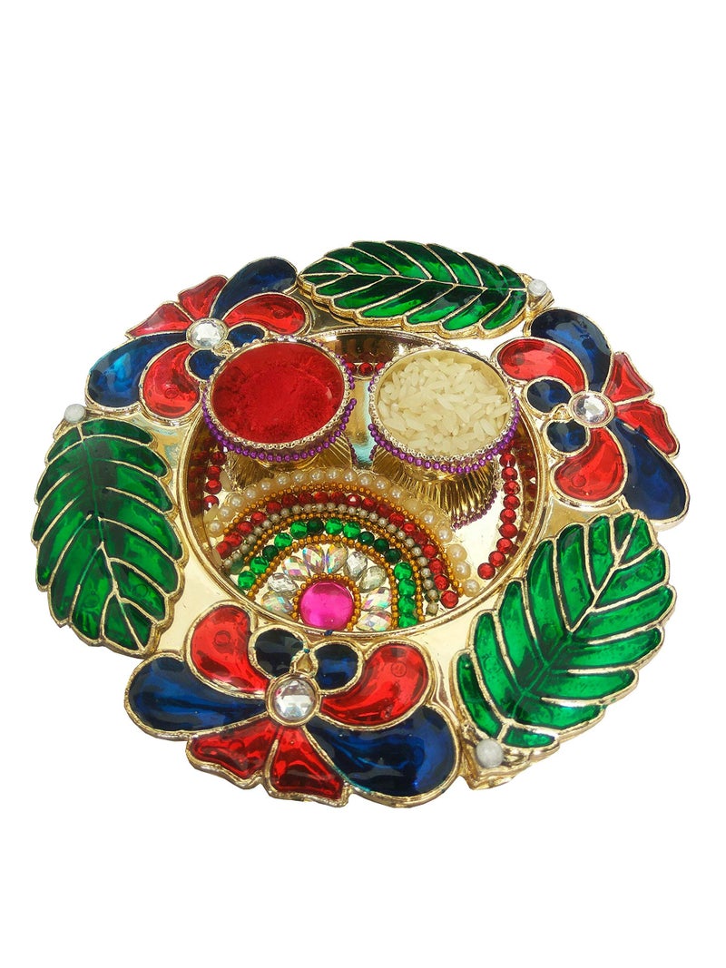 Priyanshi Hand Work & Meena Work Pooja & Tilak Thali Size 6x6 Inches Golden Plated - Image 1