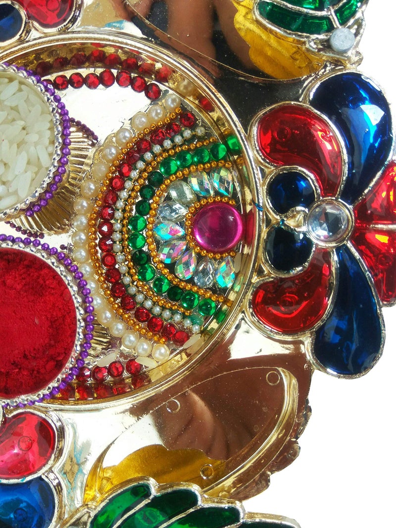 Priyanshi Hand Work & Meena Work Pooja & Tilak Thali Size 6x6 Inches Golden Plated - Image 4
