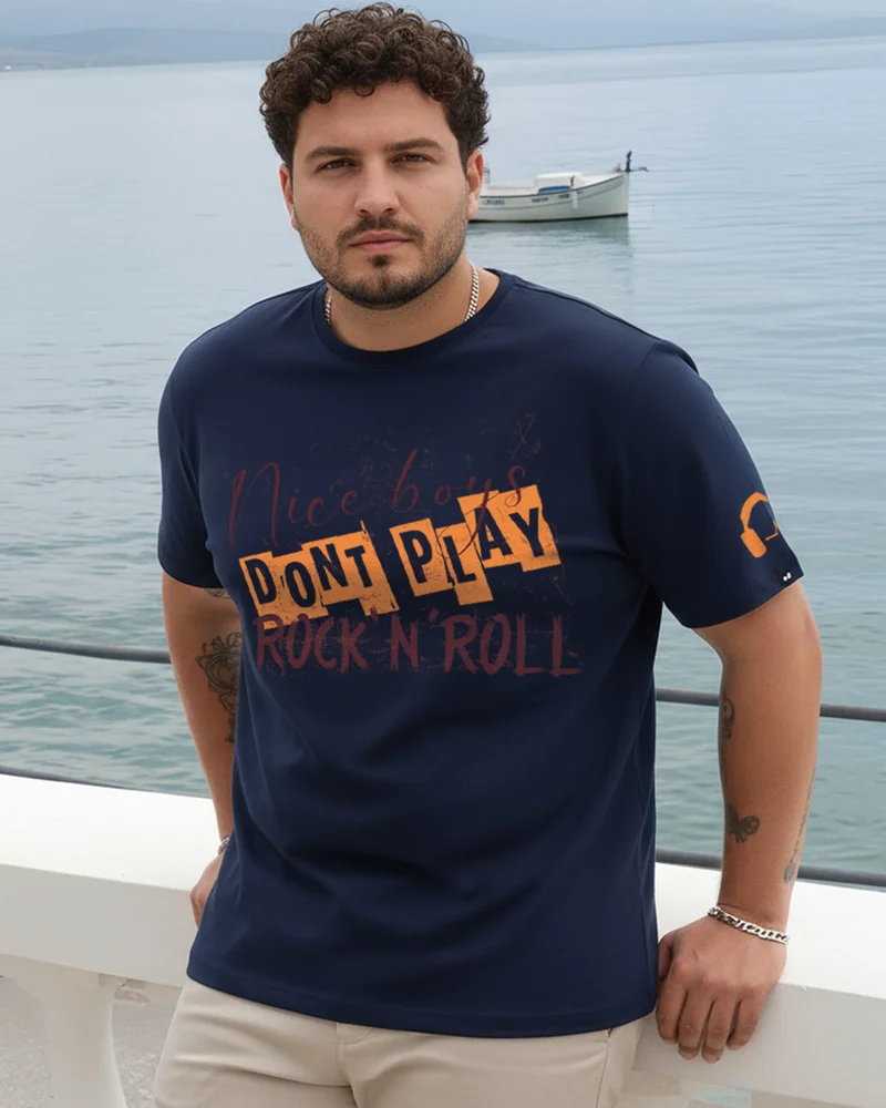 bewakoof Men's Navy Blue Rock N Roll Typography Plus Size T-shirt