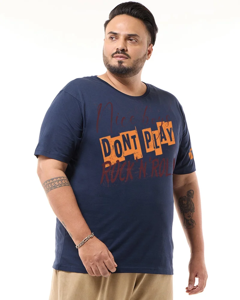 bewakoof Men's Navy Blue Rock N Roll Typography Plus Size T-shirt