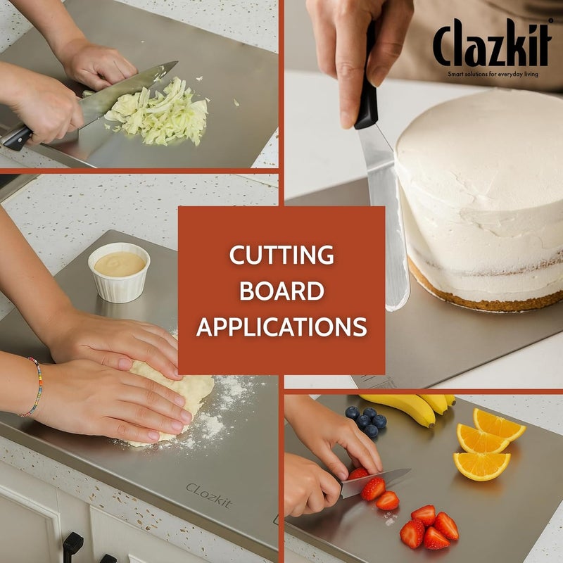 Clazkit لوح تقطيع من الفولاذ المقاوم للصدأ للطاولة للخضروات والفواكه والخبز واللحوم متين وآمن وثقيل، مقاس عادي (360 × 300 × 1 (+25) - Image 2