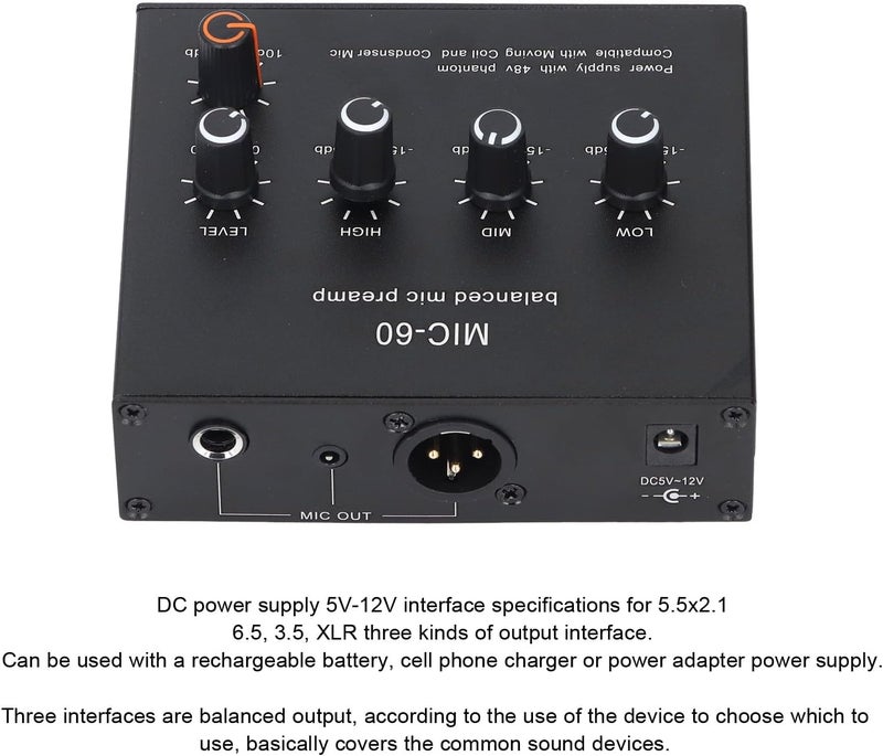 LiebeWH Microphone Amplifier 3.5mm 6.5mm XLR Interface Microphone Preamp 60db Gain 48V Power Dynamic Condenser Mic Amplifier - Image 2