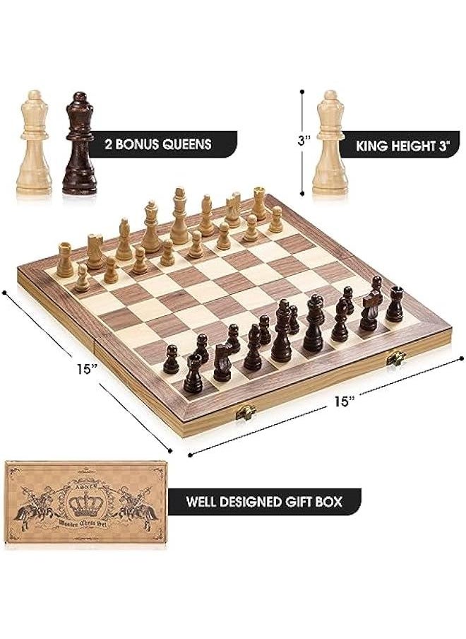 Generic - Upgraded Magnetic Chess Set, 15 Tournament Staunton Wooden Chess Board Game Set with Magnets, Crafted Chesspiece ans Storage Slots for Kids Adult, includes Extra Queens - Image 1